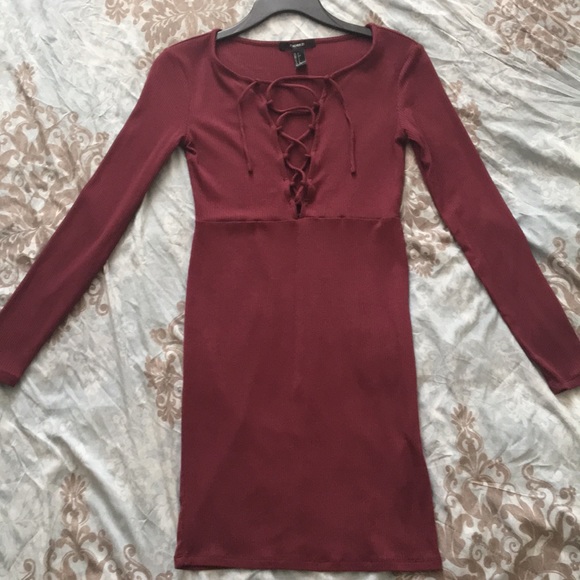 Forever 21 Maroon Ribbed Lace Up Bodycon Dress - Picture 2 of 5